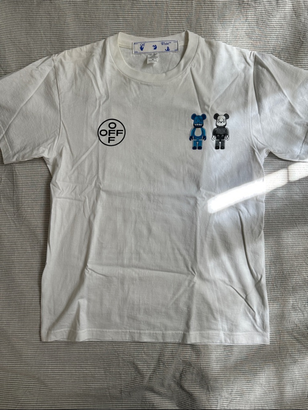 Off-White Mens White Tee with Blue and Black Bear Graphics